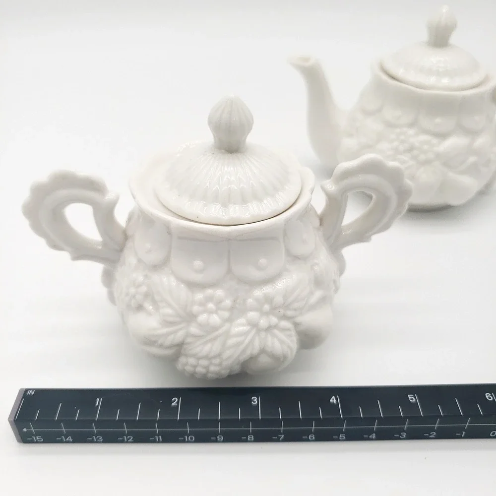Cottagecore Embossed White Porcelain Small Teapot & Sugar Bowl Floral Vintage